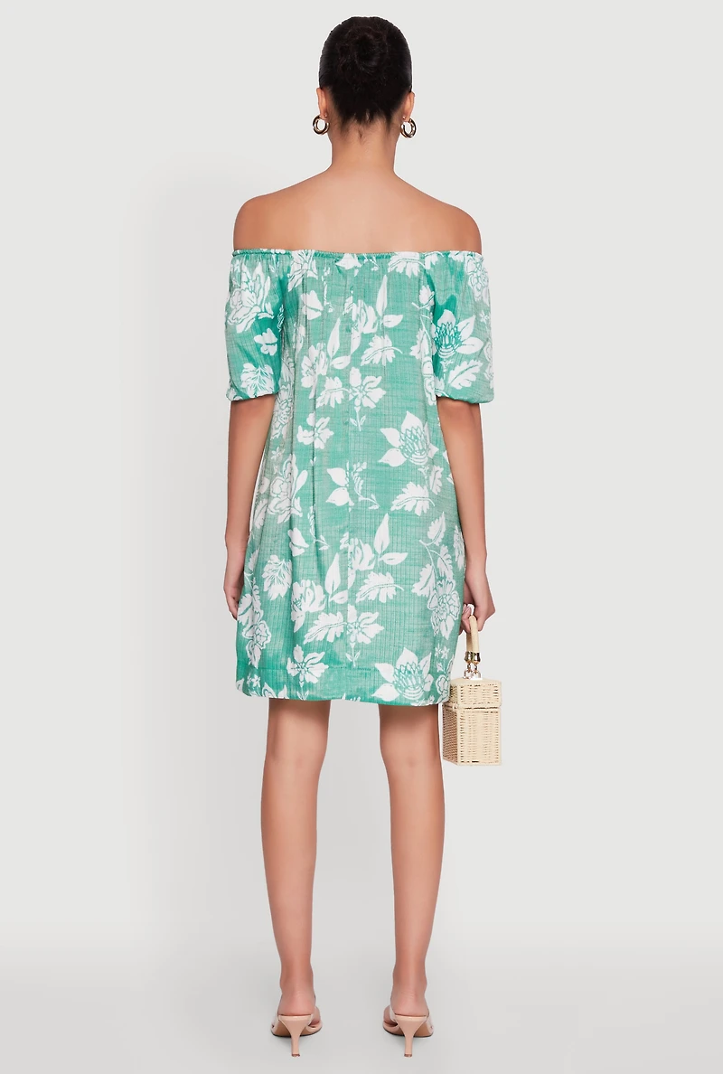 Womens Floral Off Shoulder Bubble Sleeve Shift Dress with Ruffles, Green, Size M