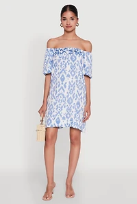 Womens Floral Off Shoulder Bubble Sleeve Shift Dress with Ruffles,