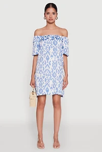 Womens Floral Off Shoulder Bubble Sleeve Shift Dress with Ruffles,