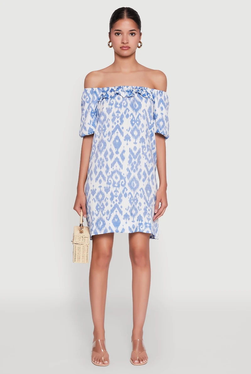 Womens Floral Off Shoulder Bubble Sleeve Shift Dress with Ruffles, Blue, Size L