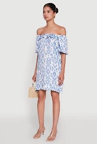 Womens Floral Off Shoulder Bubble Sleeve Shift Dress with Ruffles,