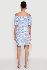 Womens Floral Off Shoulder Bubble Sleeve Shift Dress with Ruffles,