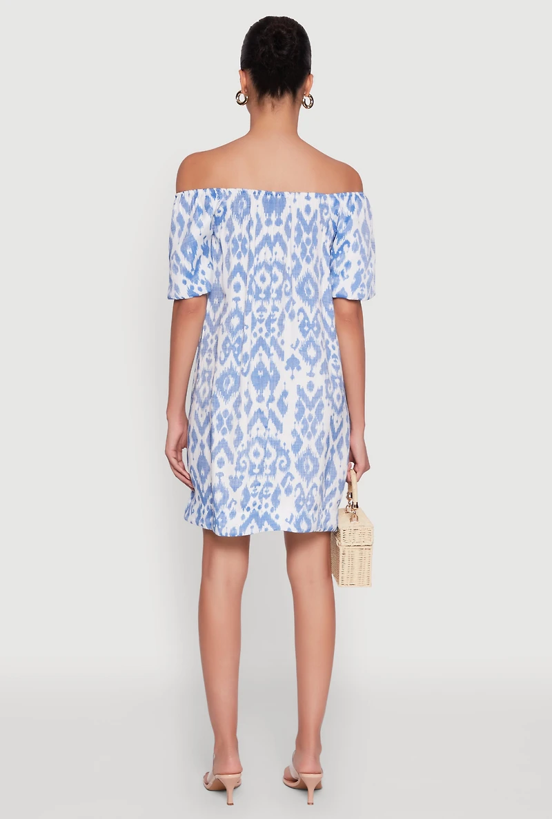 Womens Floral Off Shoulder Bubble Sleeve Shift Dress with Ruffles,