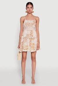 Womens Madden Girl Floral Print Crochet Detail Tiered Sundress, Beige, Size XL