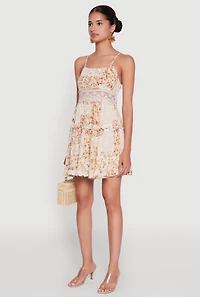 Womens Madden Girl Floral Print Crochet Detail Tiered Sundress, Beige,