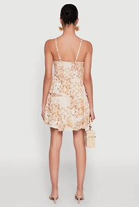 Womens Madden Girl Floral Print Crochet Detail Tiered Sundress, Beige,