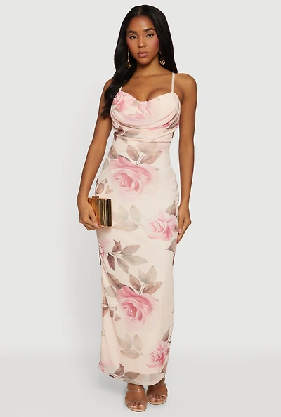 Keyhole Back Sweetheart Cowl Neck Floral Mesh Bustier Dress