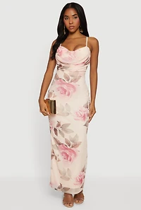 Keyhole Back Sweetheart Cowl Neck Floral Mesh Bustier Dress