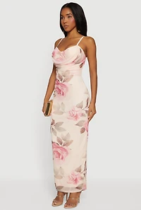 Keyhole Back Sweetheart Cowl Neck Floral Mesh Bustier Dress