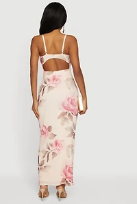 Keyhole Back Sweetheart Cowl Neck Floral Mesh Bustier Dress