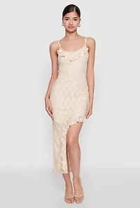 Womens Madden Girl Lace Asymmetrical Dress with Ruffles, Beige,