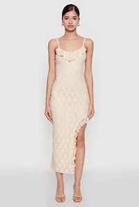 Womens Madden Girl Lace Asymmetrical Dress with Ruffles, Beige,