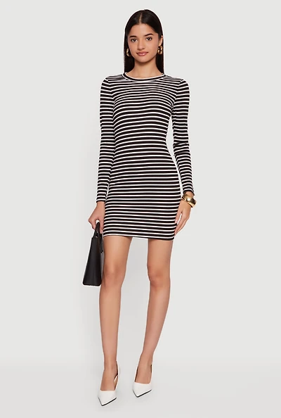 Striped Long Sleeve Ribbed Knit Mini Dress
