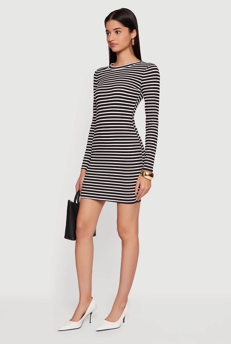 Striped Long Sleeve Ribbed Knit Mini Dress