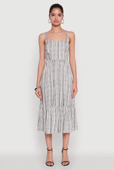 Womens Striped Tiered Cami Dress with Sweetheart Neckline, Grey, Size M