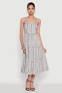 Womens Striped Tiered Cami Dress with Sweetheart Neckline, Grey, Size M