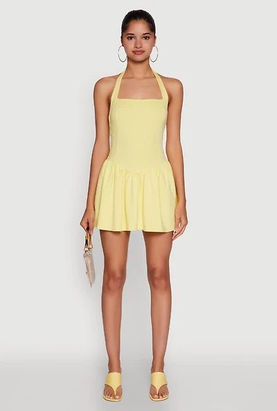 Womens Trendy Snatched Skater Dress with Halter Neck, Yellow, Size L