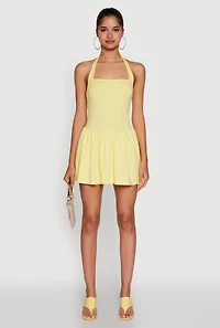 Womens Trendy Snatched Skater Dress with Halter Neck, Yellow, Size L