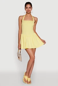 Womens Trendy Snatched Skater Dress with Halter Neck, Yellow, Size L