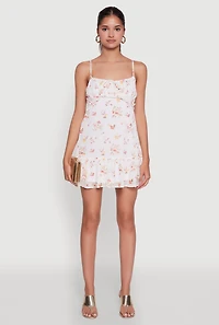 Womens Chiffon Fruit Print Sundress with Smocked Back and Ruffles, White, Size L