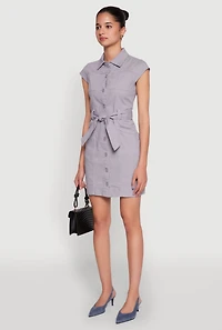 Womens Twill Button Front Belted Shirt Dress, Grey, Size M
