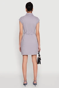 Womens Twill Button Front Belted Shirt Dress, Grey, Size XL