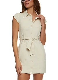 Womens Twill Button Front Belted Shirt Dress, Beige, Size M