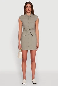 Womens Twill Button Front Belted Shirt Dress, Green,