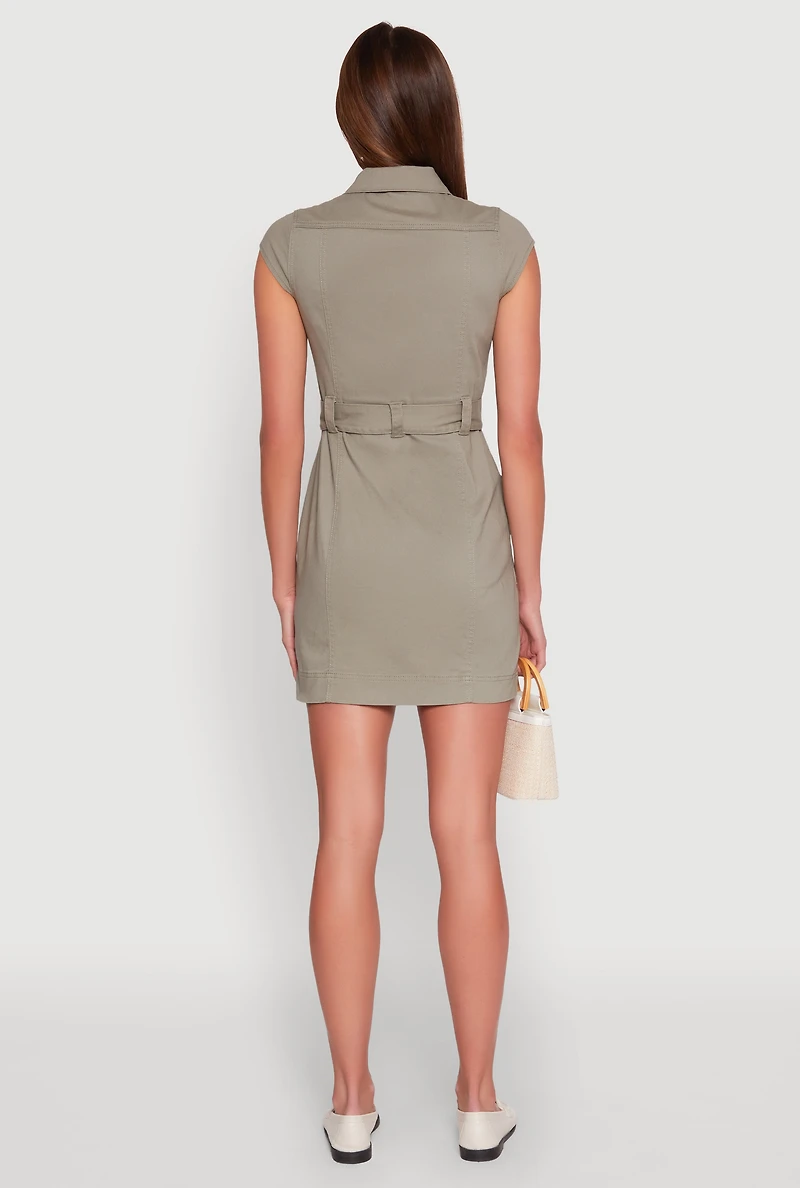 Womens Twill Button Front Belted Shirt Dress, Green,