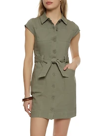 Twill Button Front Belted Shirt Dress