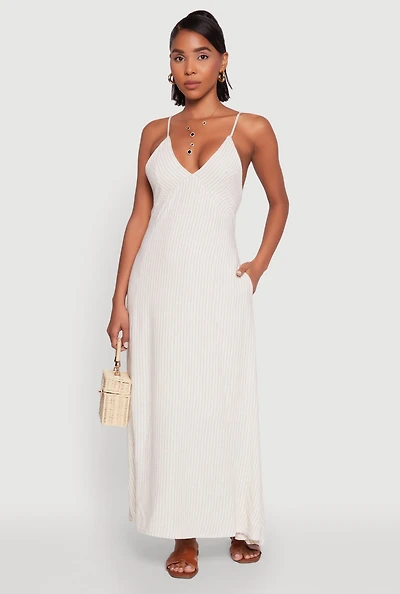 Striped Linen Slip Dress with Pockets