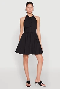Womens Halter Button Front Skater Dress, Black, Size M