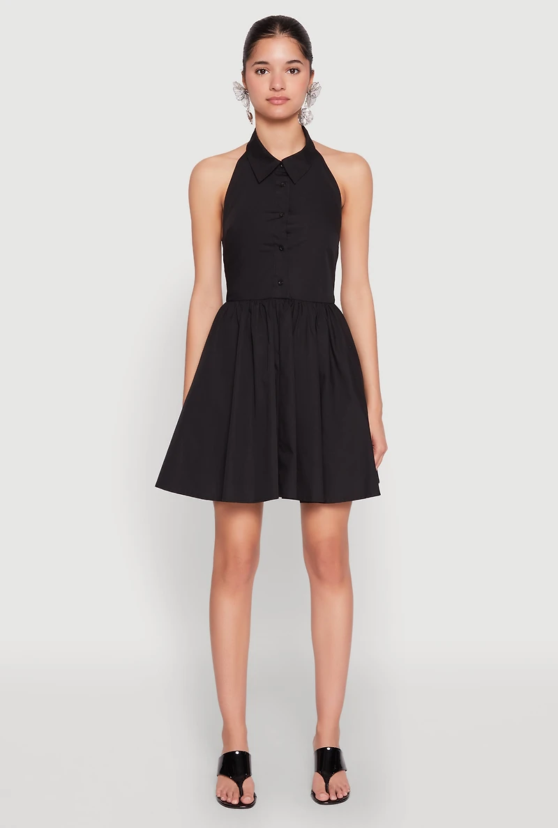 Womens Halter Button Front Skater Dress, S