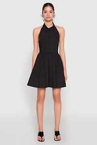 Womens Halter Button Front Skater Dress, Black, Size M