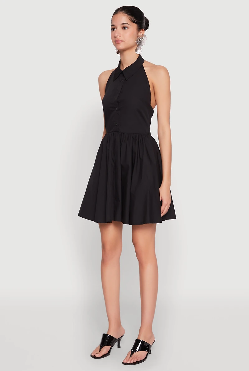 Womens Halter Button Front Skater Dress, S