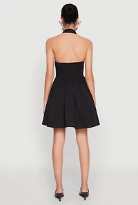 Womens Halter Button Front Skater Dress, Black, Size M