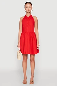 Womens Halter Button Front Skater Dress, Red, Size M