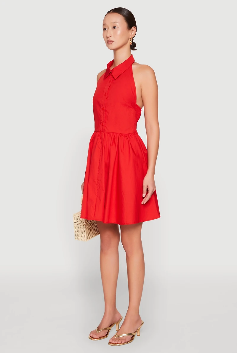 Womens Halter Button Front Skater Dress, Red, Size M