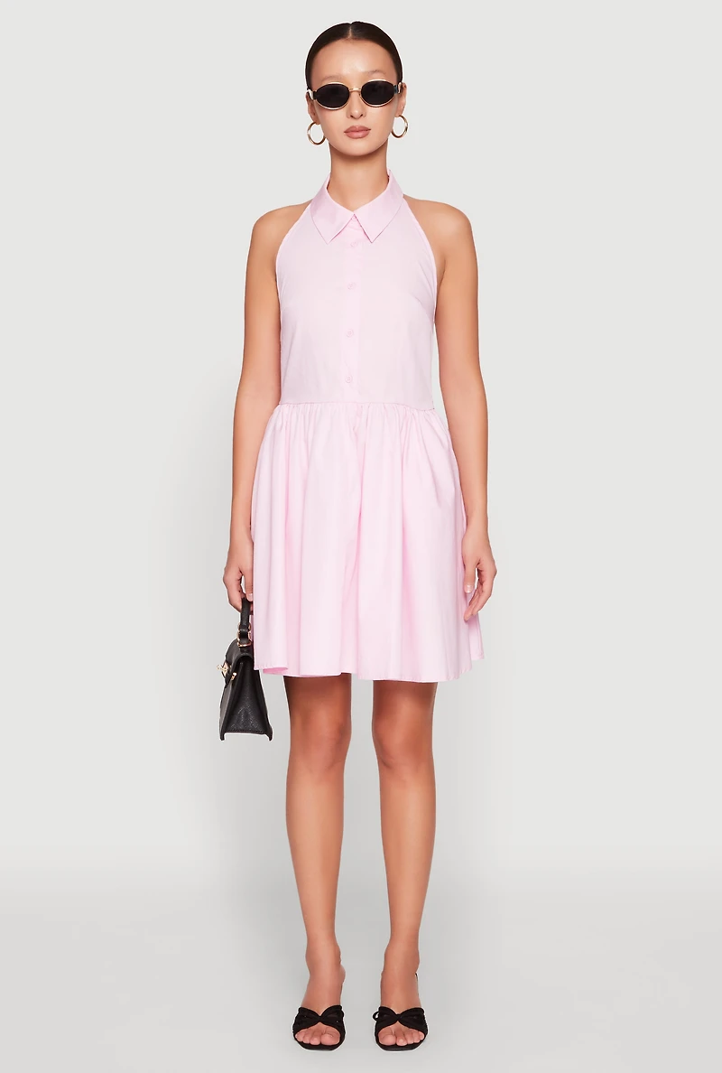 Halter Button Front Skater Dress
