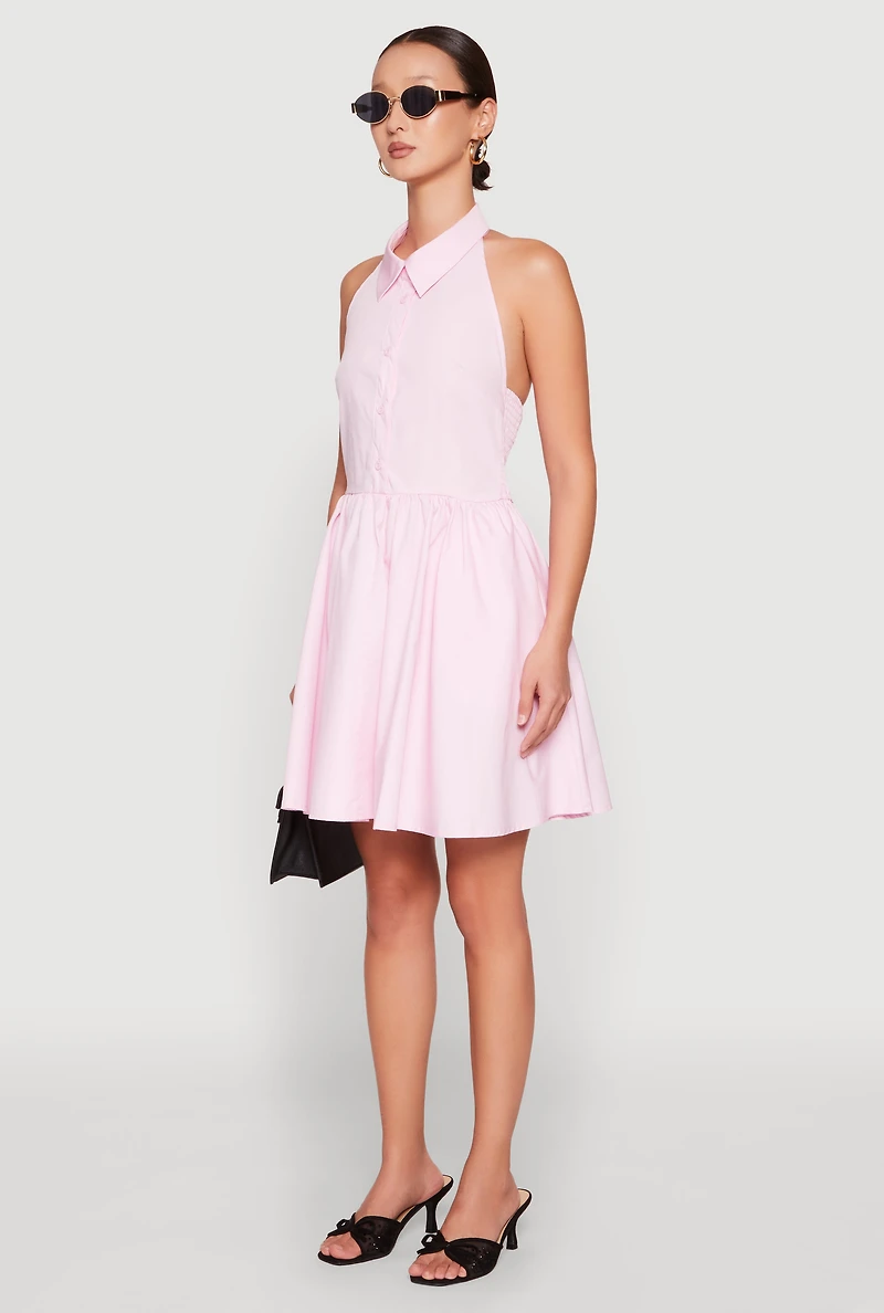 Womens Halter Button Front Skater Dress, Pink, Size S
