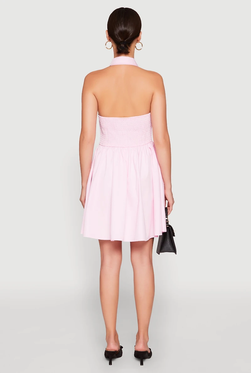 Womens Halter Button Front Skater Dress, Pink, Size S