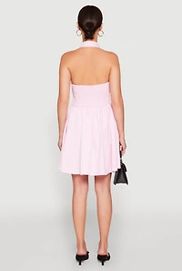 Womens Halter Button Front Skater Dress, Pink, Size S
