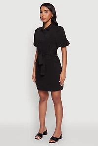 Womens Chic Twill Puff Sleeve Shirt Dress with Tie Waist Belt, Black, Size S