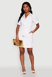 Womens Chic Twill Puff Sleeve Shirt Dress with Tie Waist Belt, White, Size M