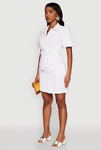 Womens Chic Twill Puff Sleeve Shirt Dress with Tie Waist Belt, White, Size M