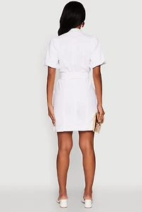 Womens Chic Twill Puff Sleeve Shirt Dress with Tie Waist Belt, White, Size M