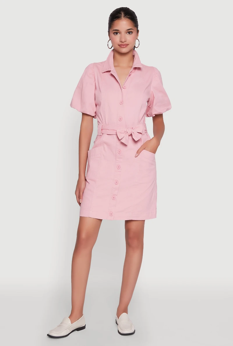 Womens Chic Twill Puff Sleeve Shirt Dress with Tie Waist Belt, Pink, Size S