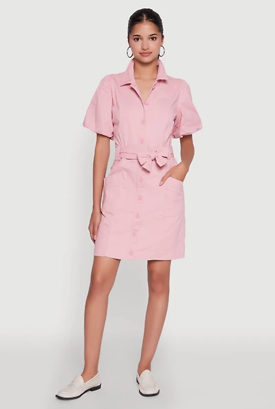 Womens Chic Twill Puff Sleeve Shirt Dress with Tie Waist Belt, Pink, Size S