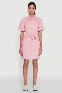 Womens Chic Twill Puff Sleeve Shirt Dress with Tie Waist Belt, Pink, Size S