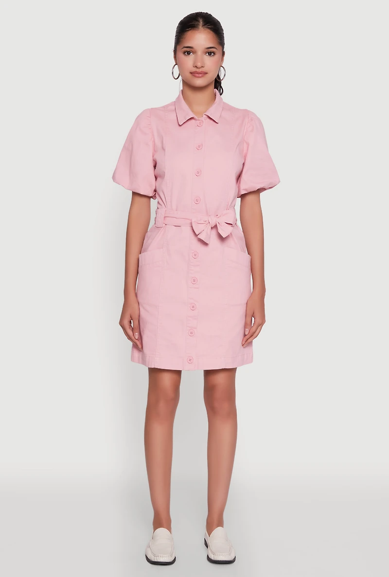 Womens Chic Twill Puff Sleeve Shirt Dress with Tie Waist Belt, Pink, Size M